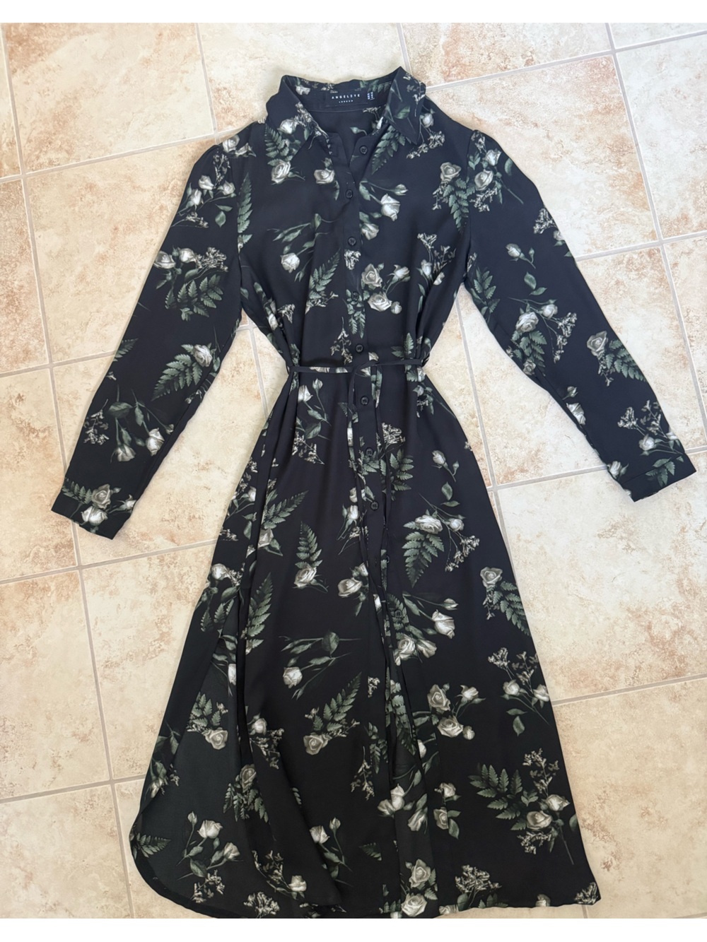 Angeleye London Black Floral Maxi Shirt Dress Belted Size M